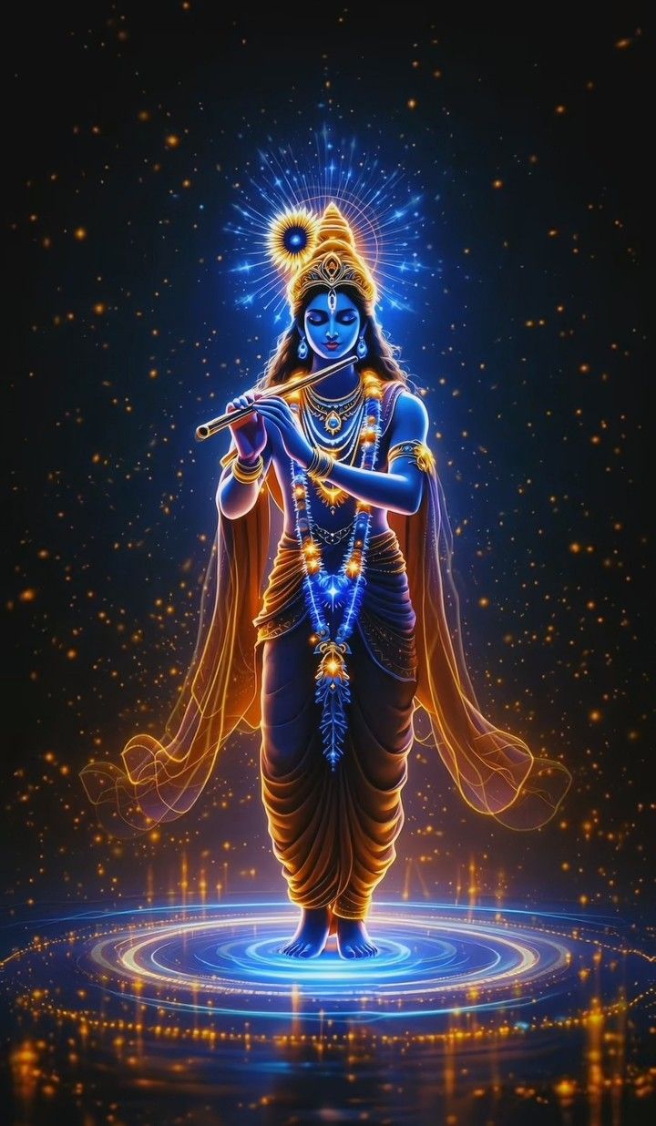 Krishna playing flute in starry sky
