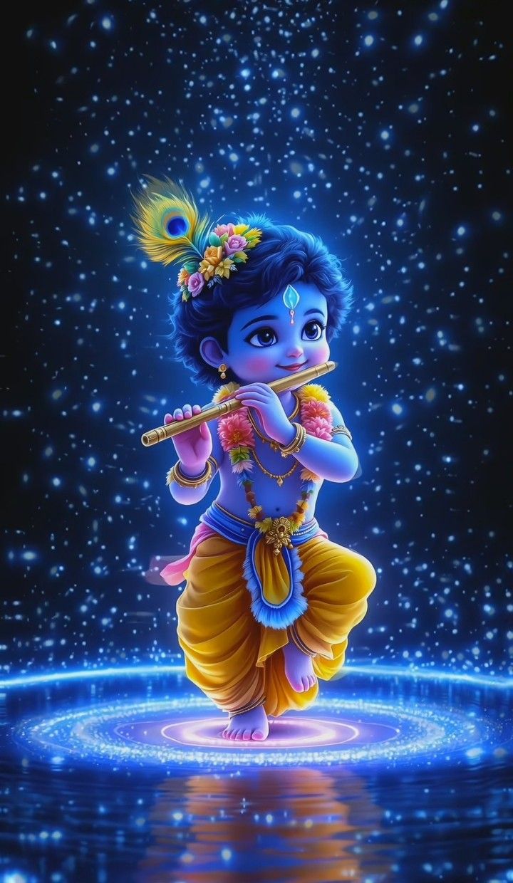 Baby Krishna playing a flute with stars