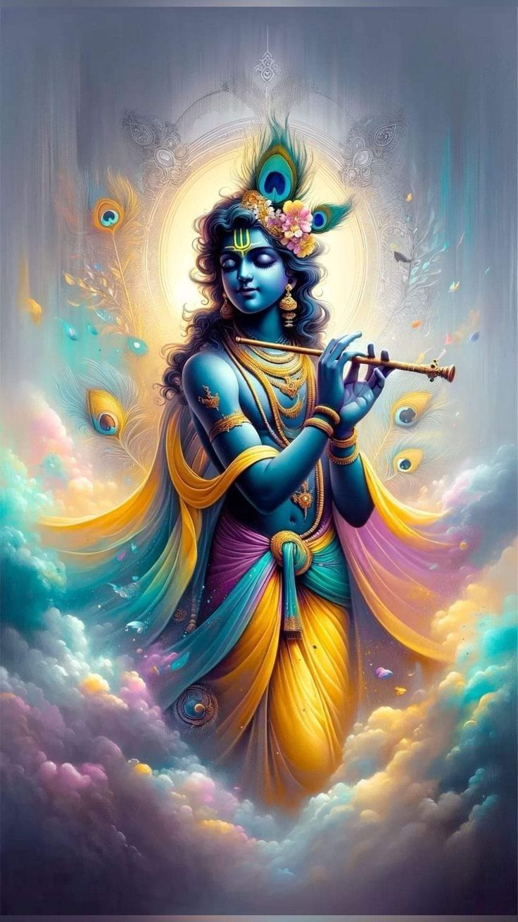 Lord Krishna playing the flute, divine art.