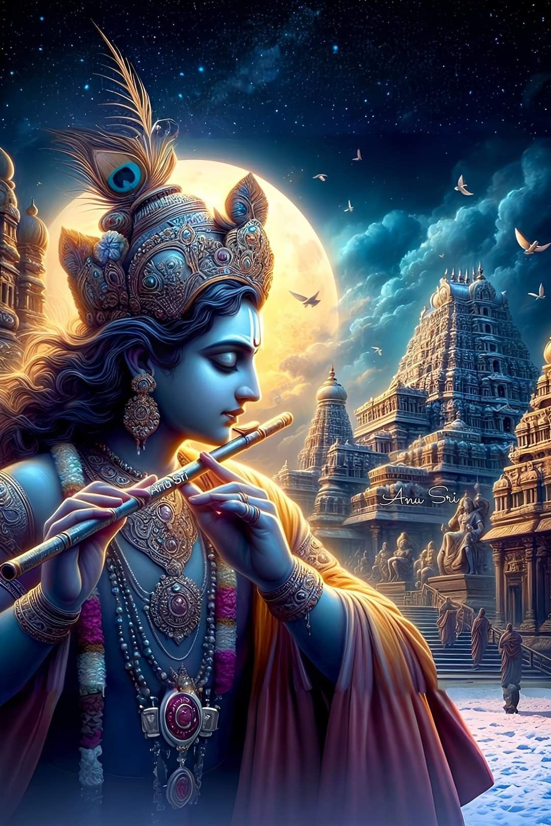 Krishna playing flute against starry sky