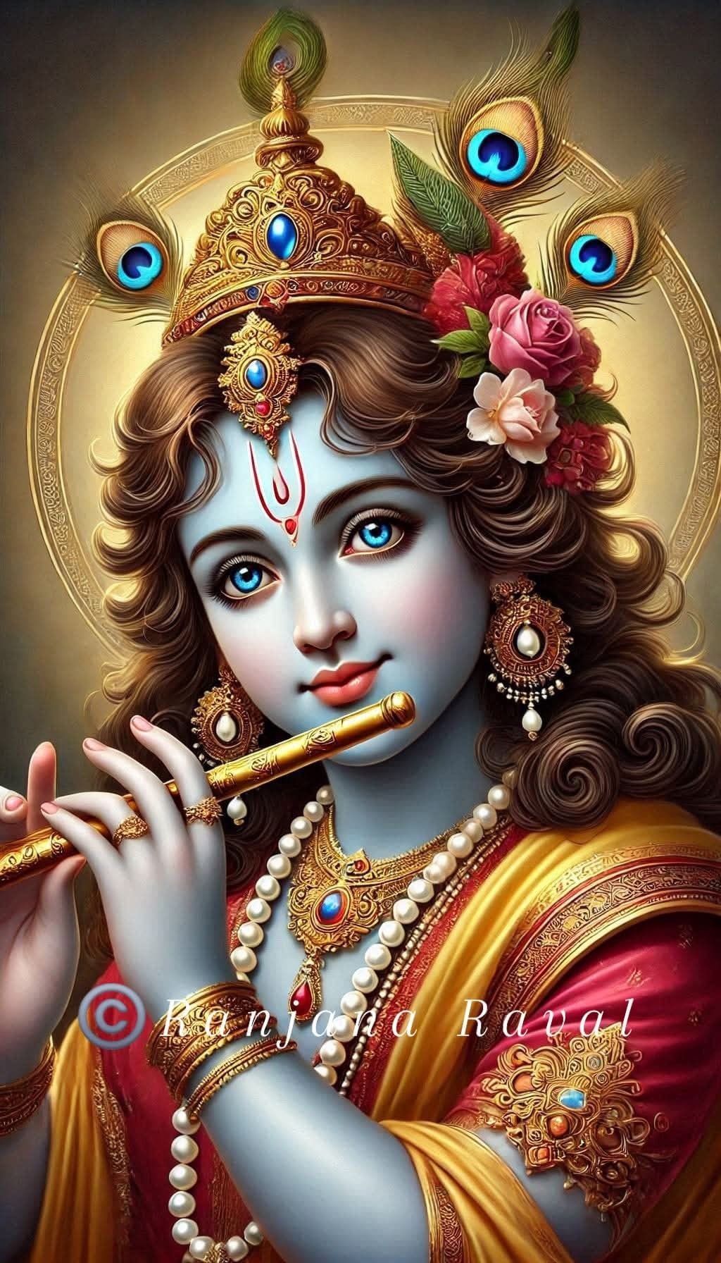 Lord Krishna with flute and peacock feather.