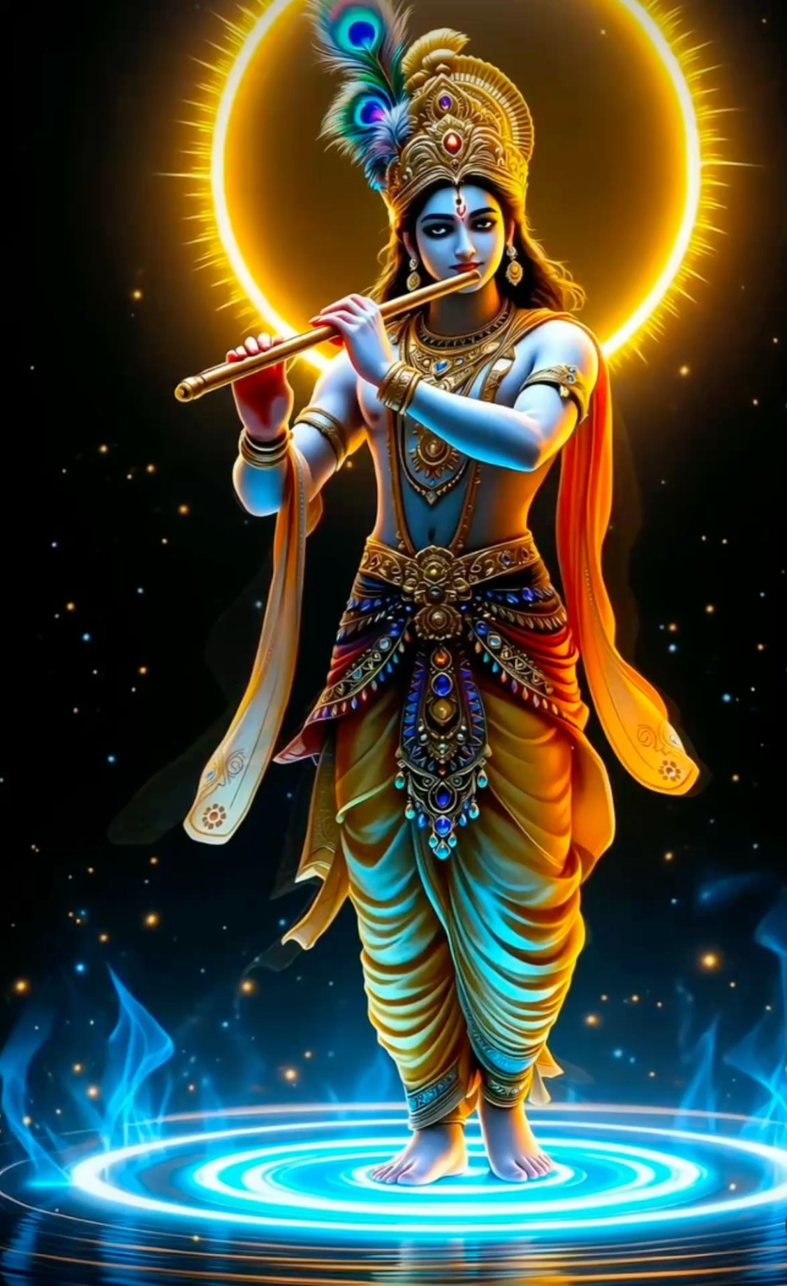 Lord Krishna playing the flute in cosmos