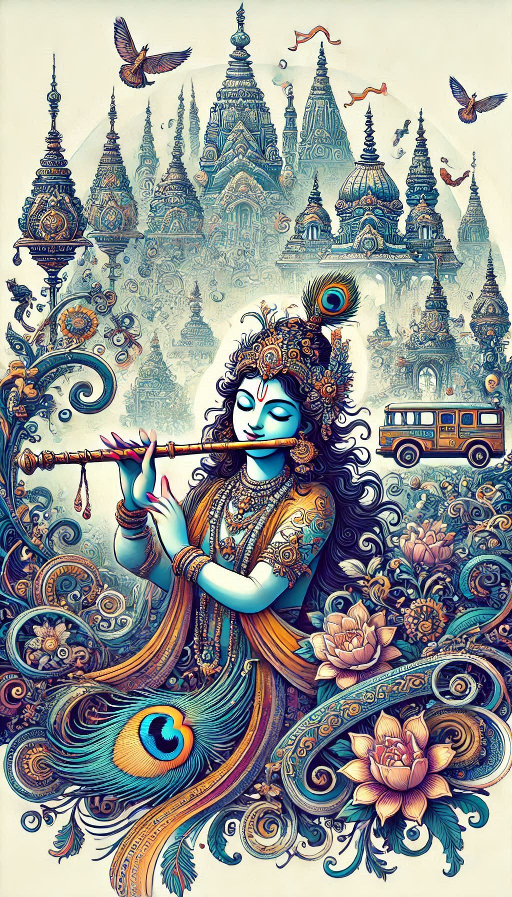 Krishna plays flute divine cosmic city