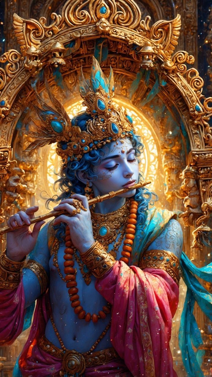 Lord Krishna plays a melodious flute.