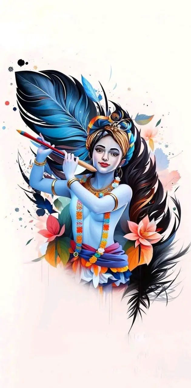 Krishna playing a flute with peacock feather