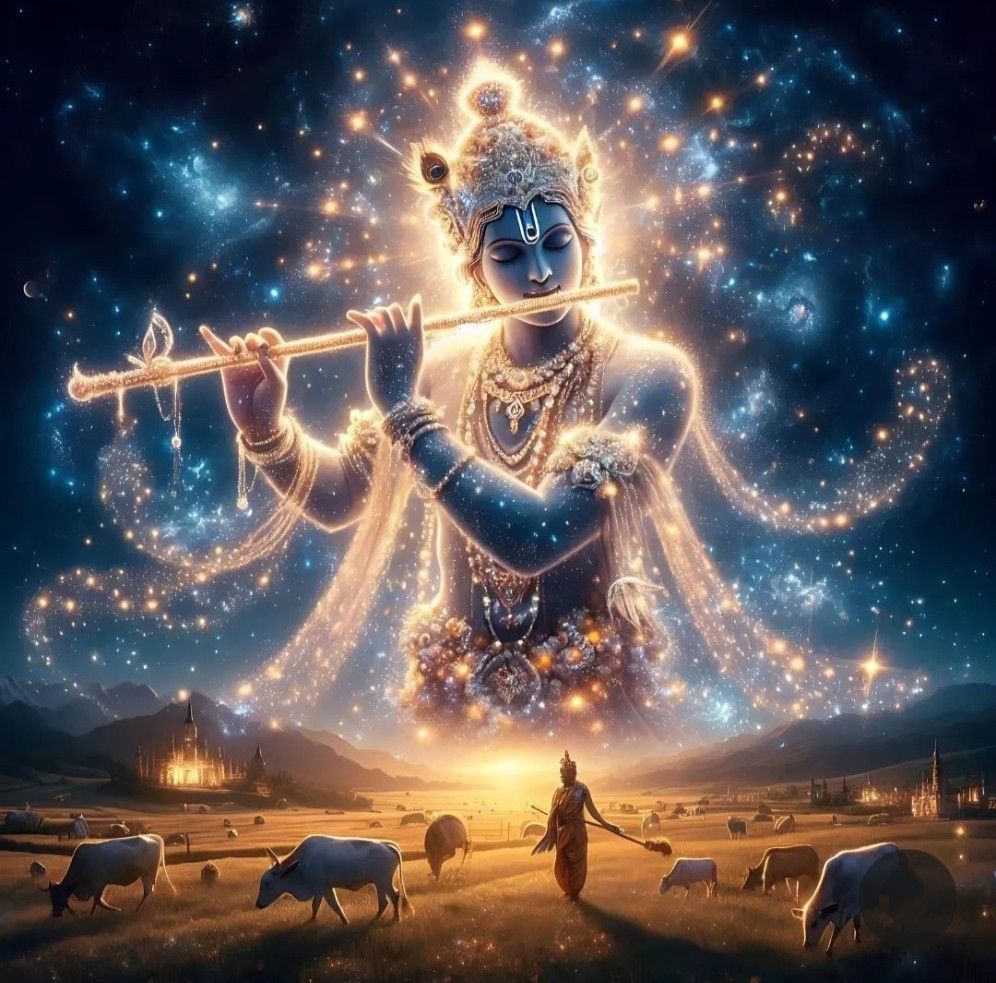 Krishna playing flute in starry night