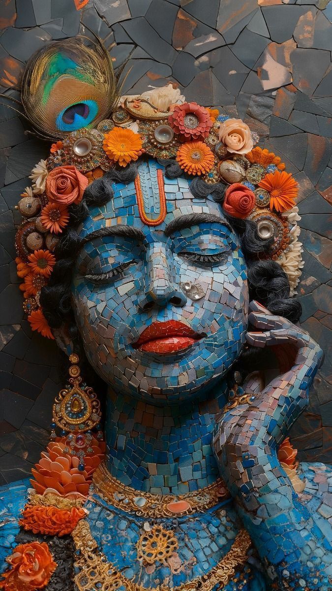Krishna mosaic with peacock feather crown