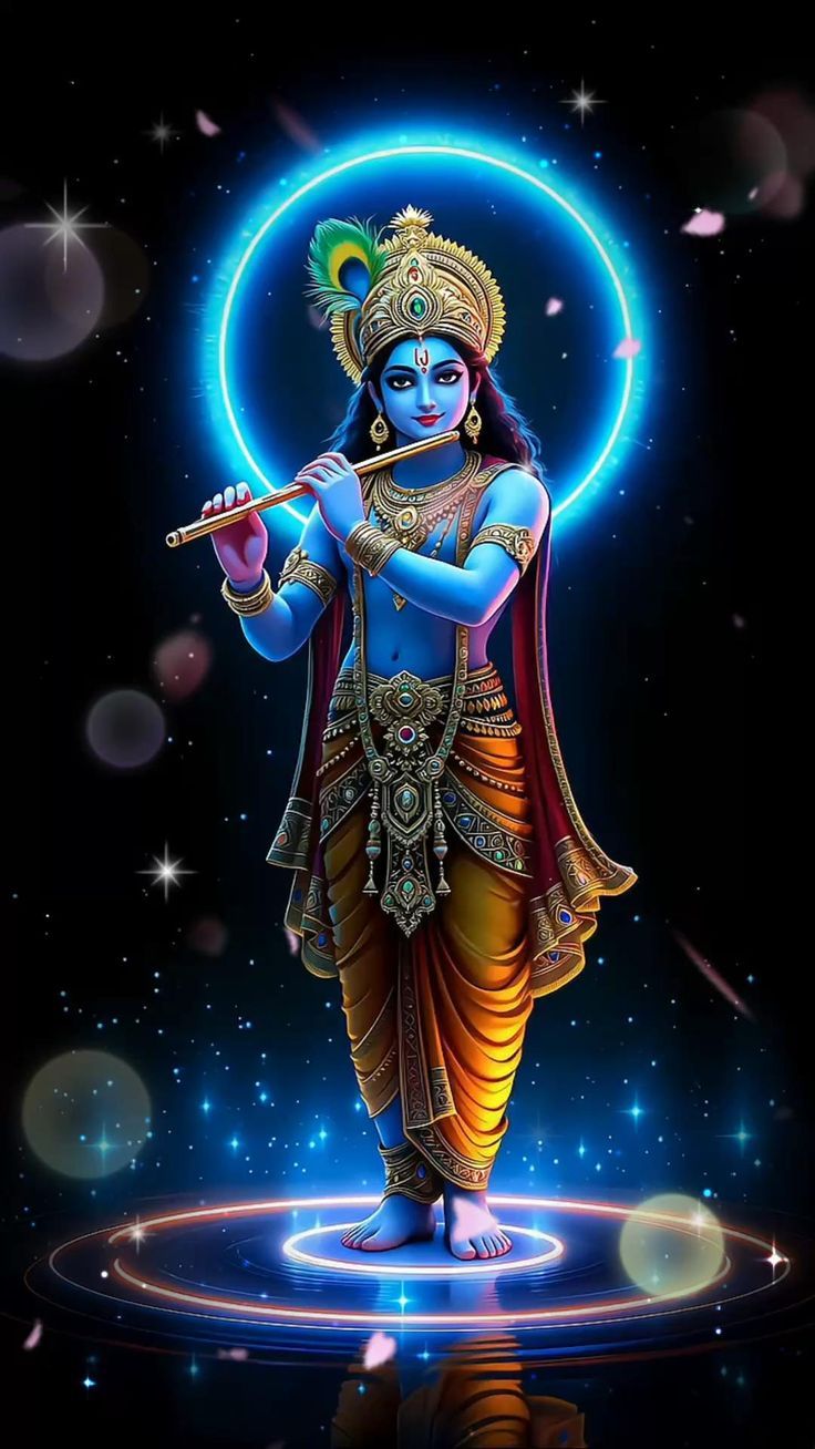 Lord Krishna playing flute in cosmos