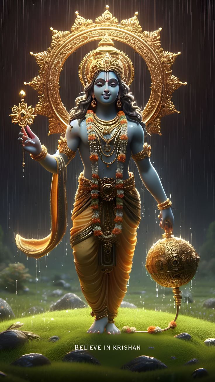 Lord Krishna playing the flute in the rain