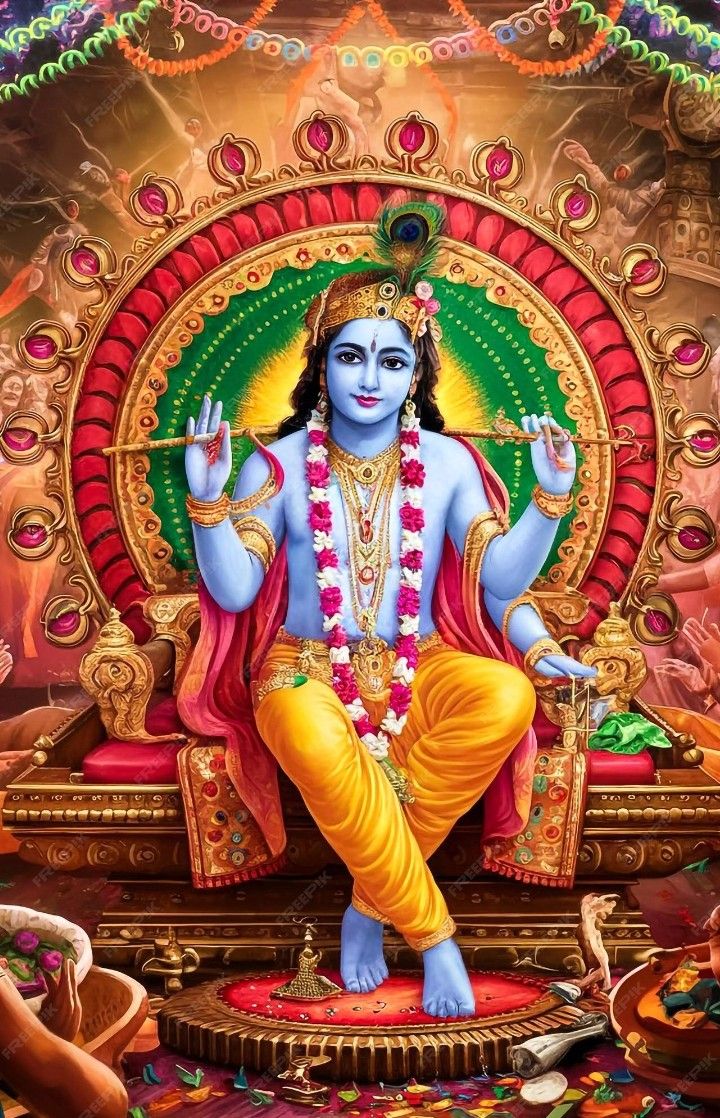 Lord Krishna playing a flute on throne