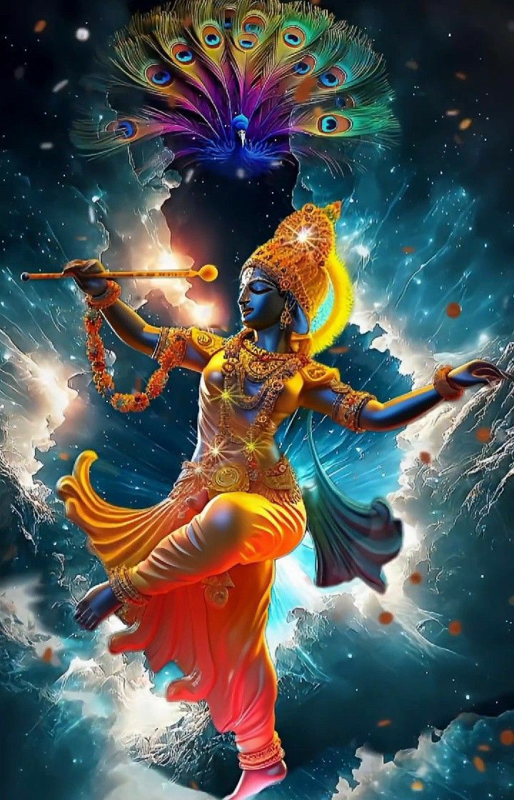 Lord Krishna playing flute in cosmos