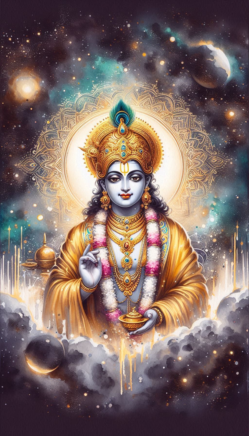 Lord Krishna amidst a cosmic universe