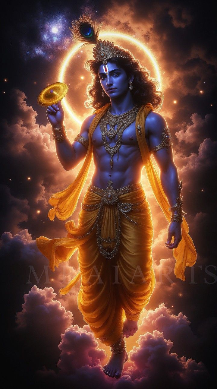 Blue-skinned Krishna playing the flute