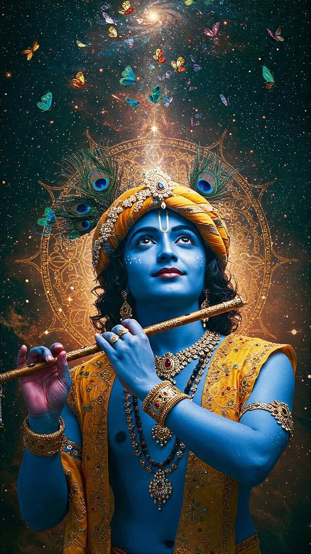 Lord Krishna playing a flute, divine portrait