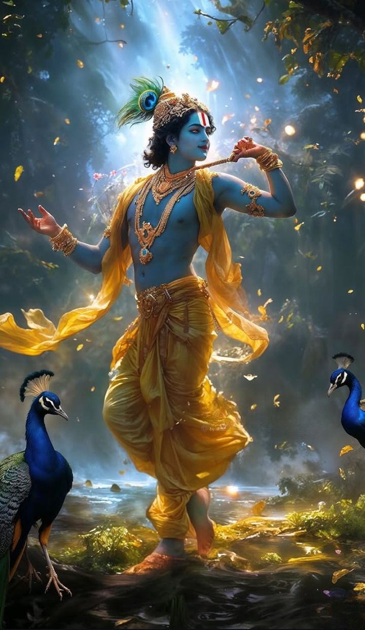 Lord Krishna playing a flute in forest