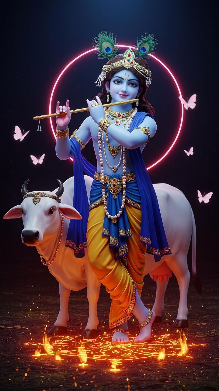 Krishna playing flute with cows.
