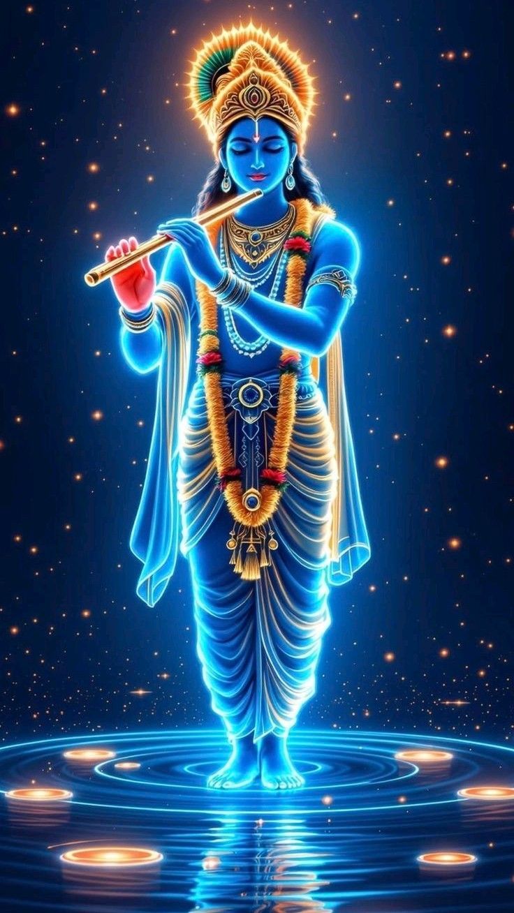 Krishna playing flute in starry sky