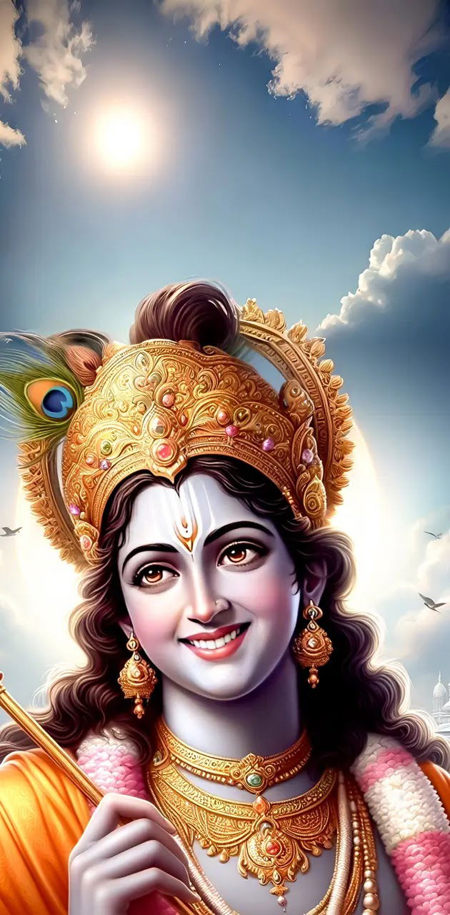 Smiling Krishna with peacock feather adornment