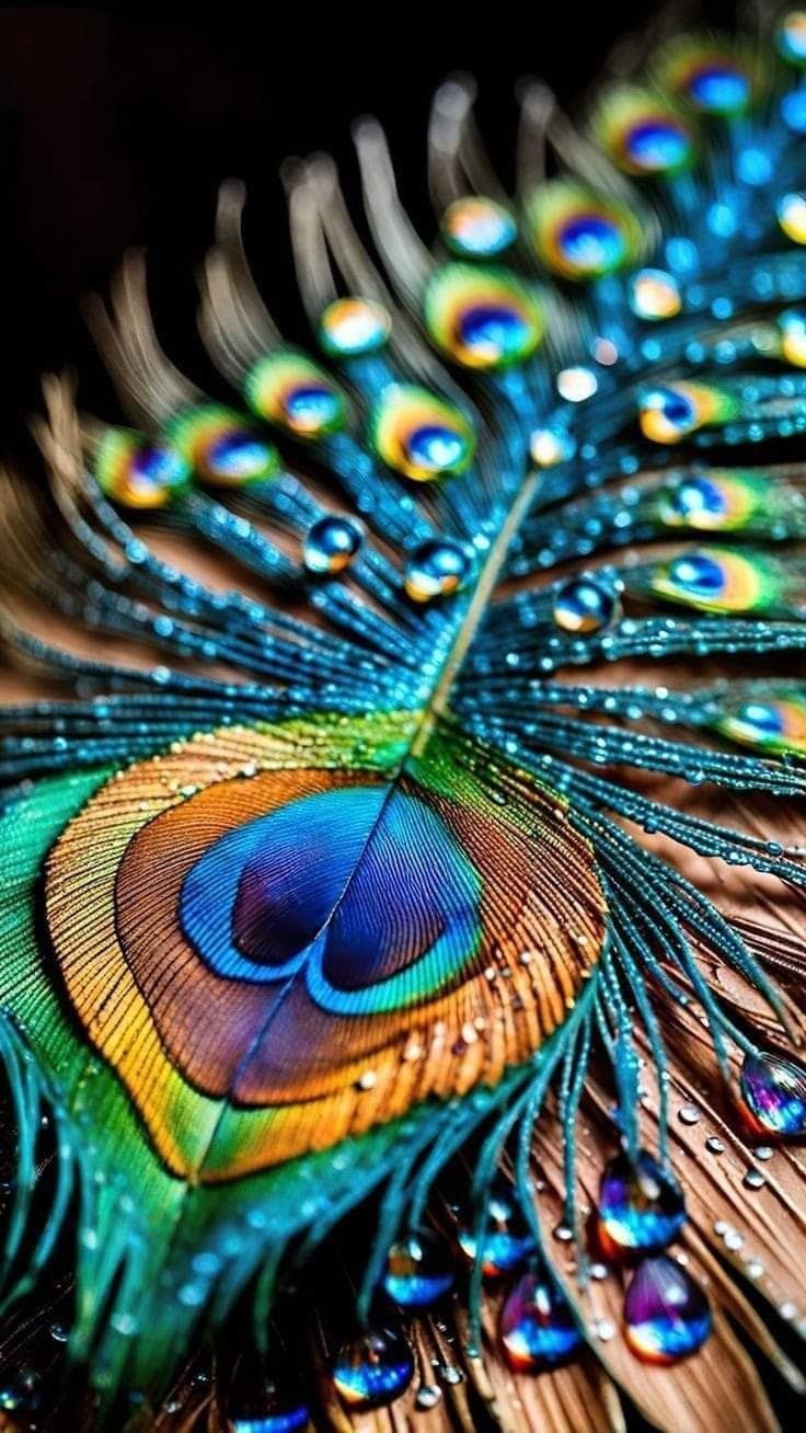 Vibrant peacock feather with water droplets
