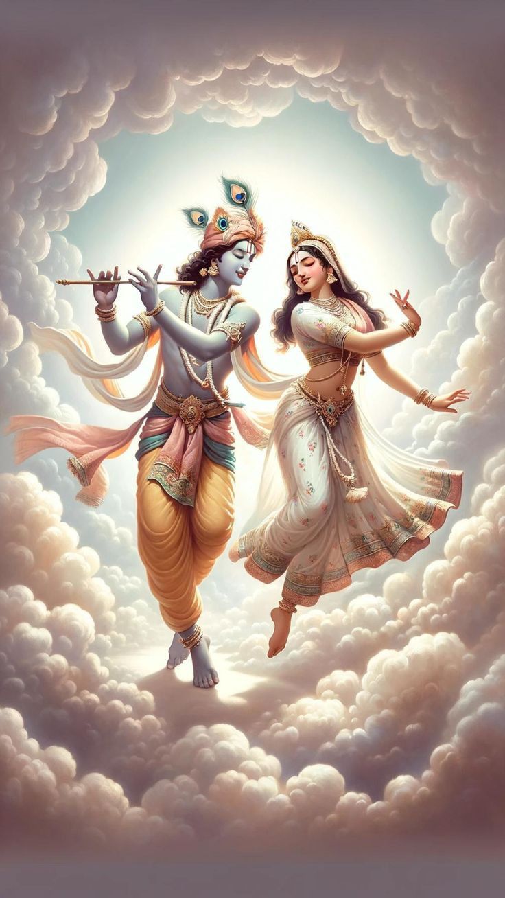 Krishna and Radha dancing in clouds