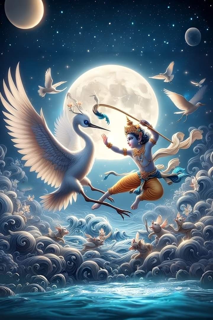 Krishna riding Garuda under moonlight