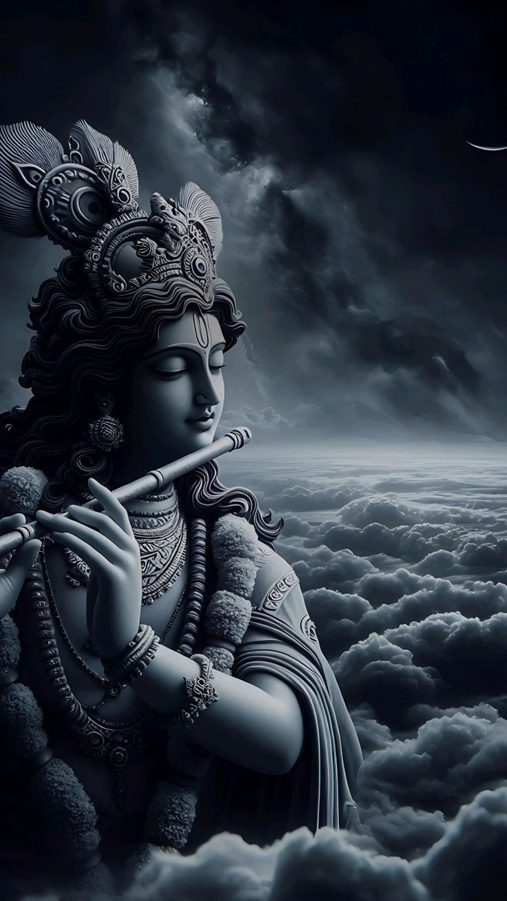 Krishna playing a flute amidst clouds