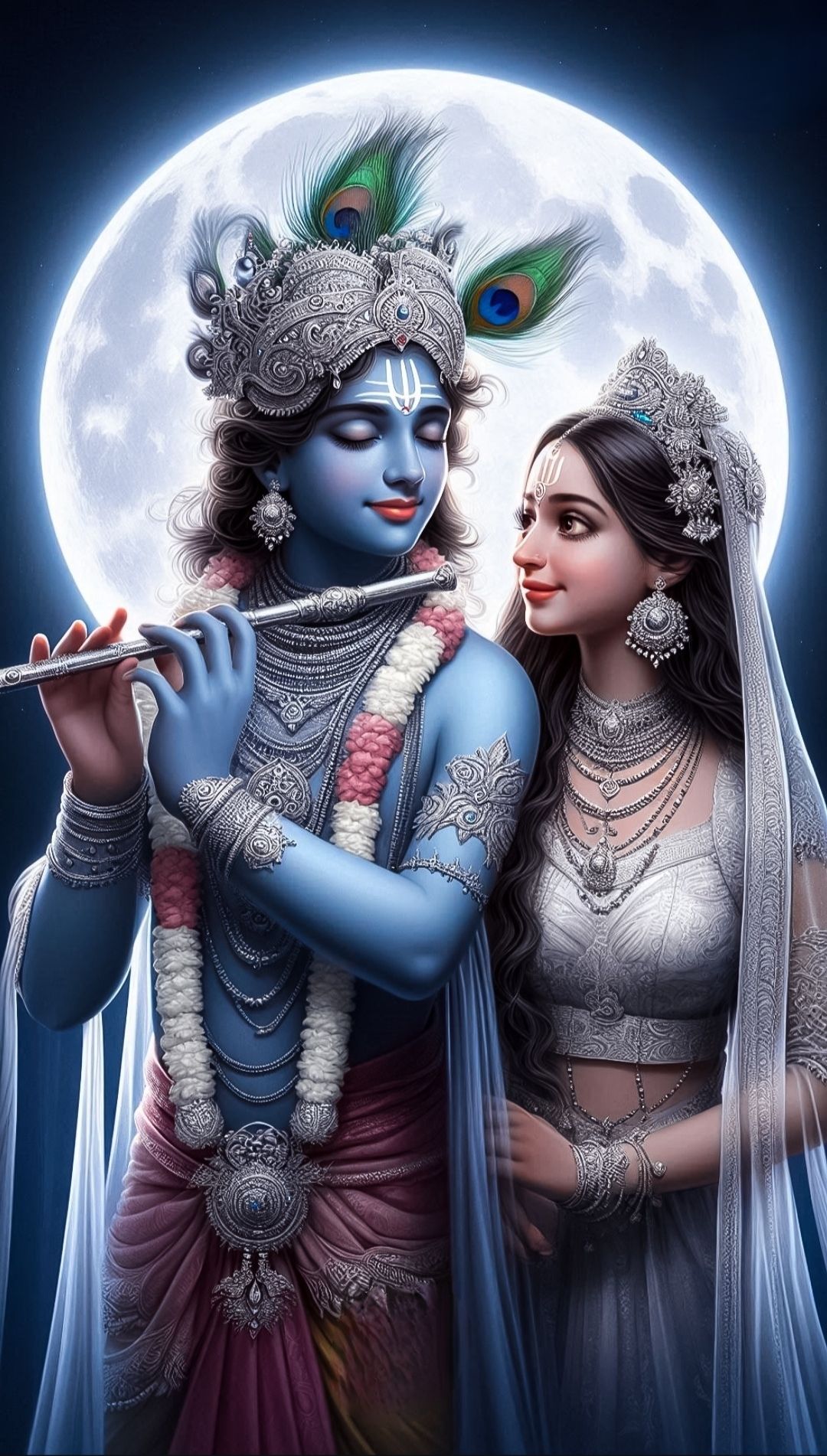 Krishna and Radha playing flute divine