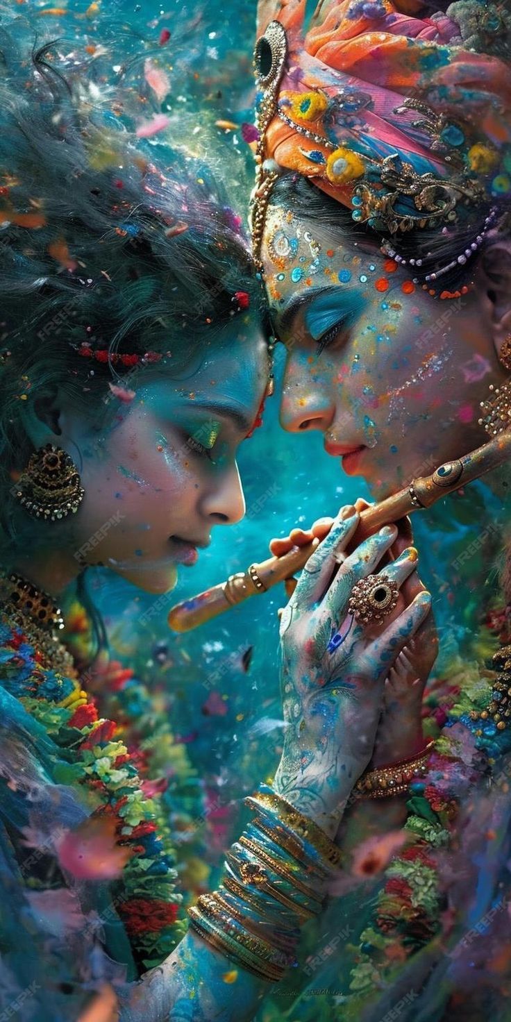 Krishna and Radha play a flute.