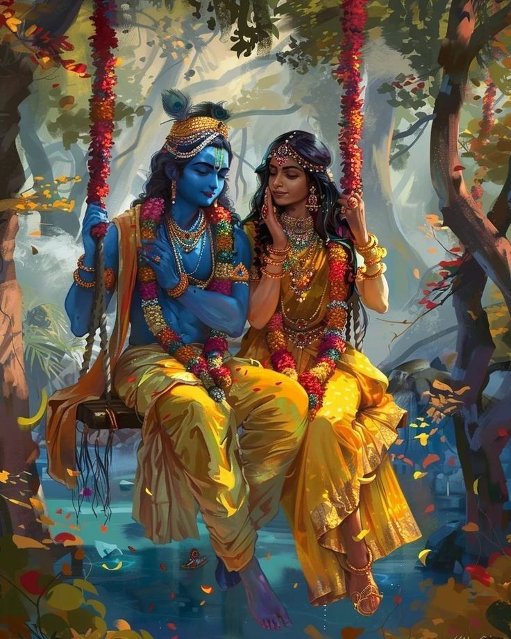 Krishna and Radha on a floral swing