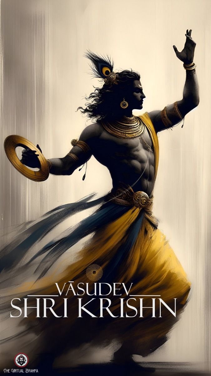 Powerful Krishna artwork with flute and feather.