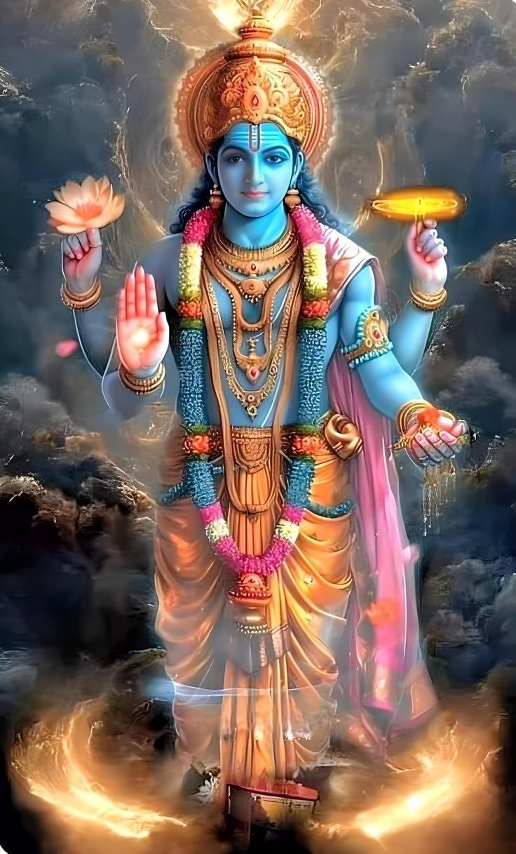 Lord Krishna as Vishnu, holding lotus.