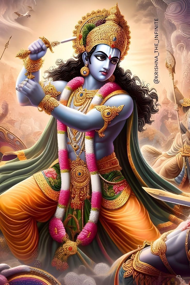 Krishna wielding chakra on battlefield