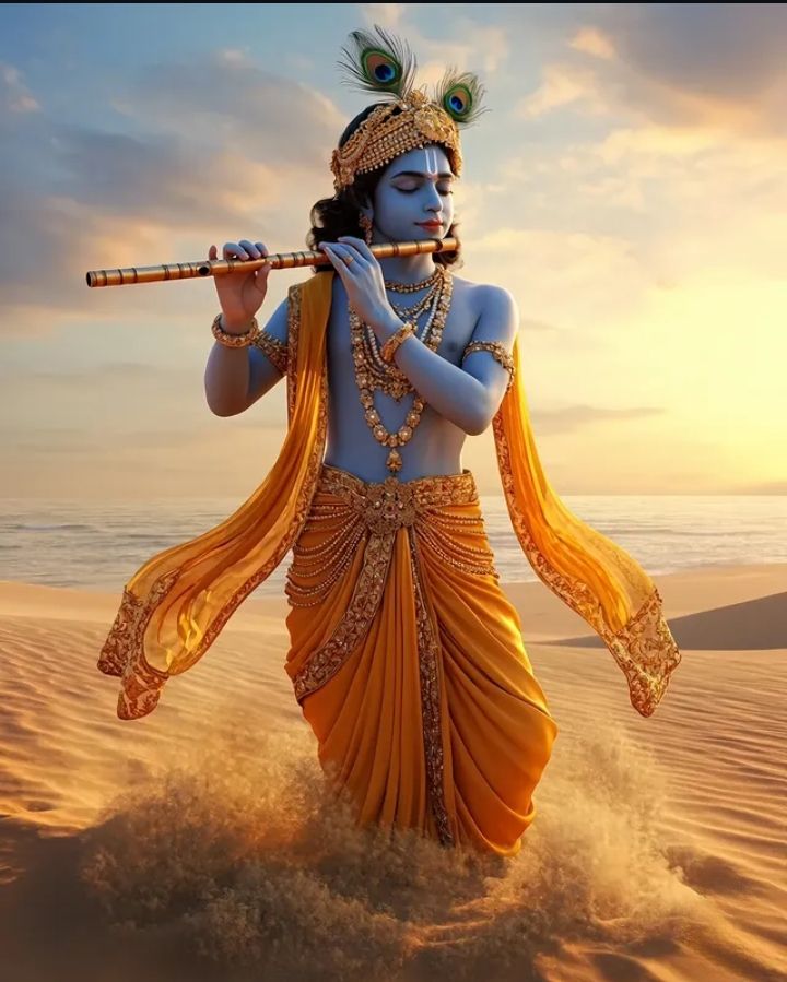 Krishna playing flute on a beach