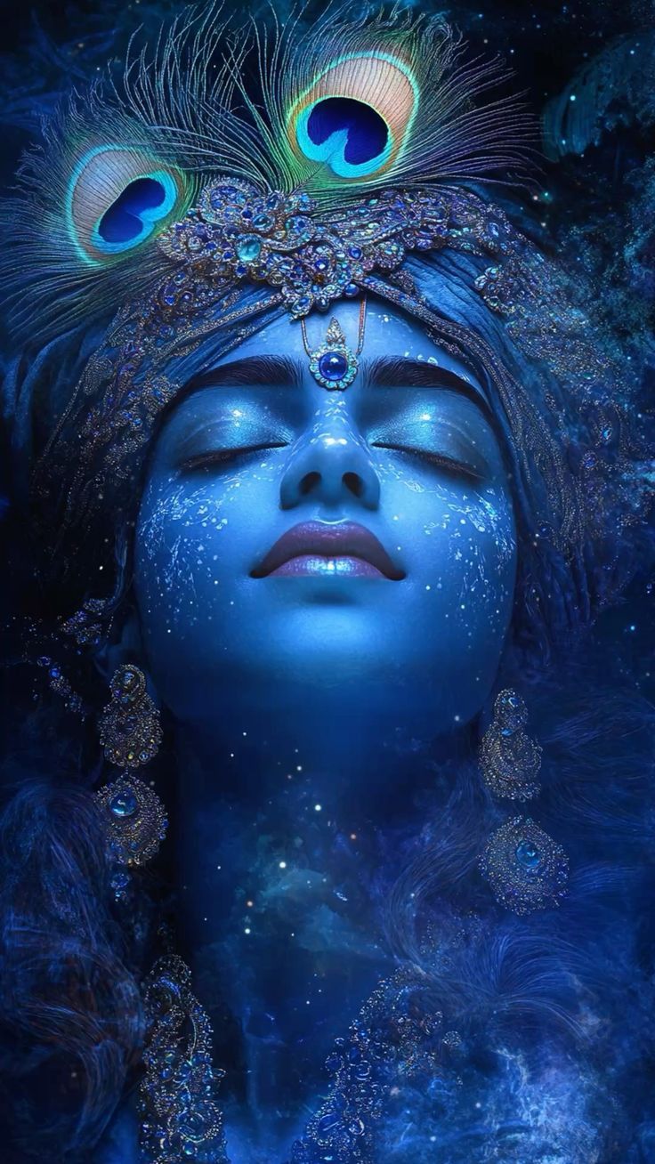 Blue-skinned Krishna amidst starry cosmos
