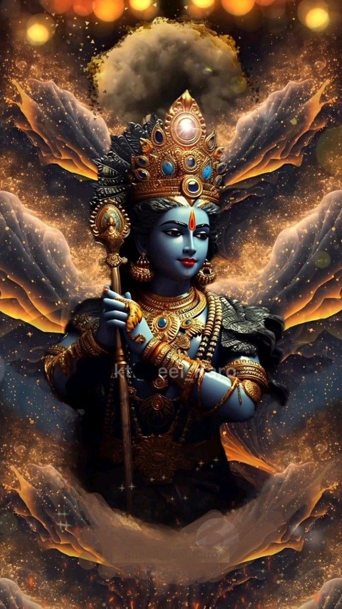 Blue-skinned Krishna with cosmic backdrop