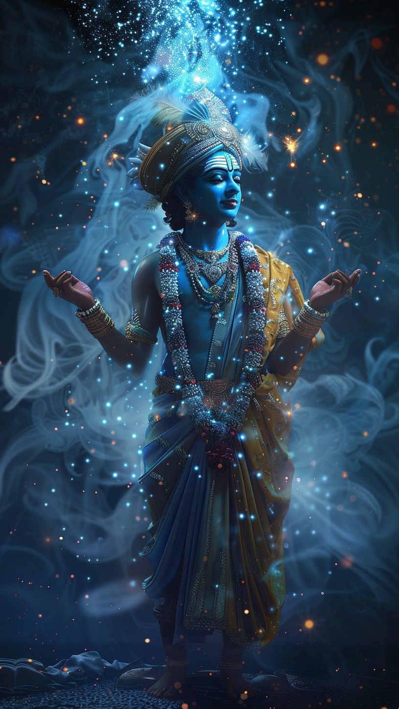 Blue-skinned Krishna amidst cosmic stardust