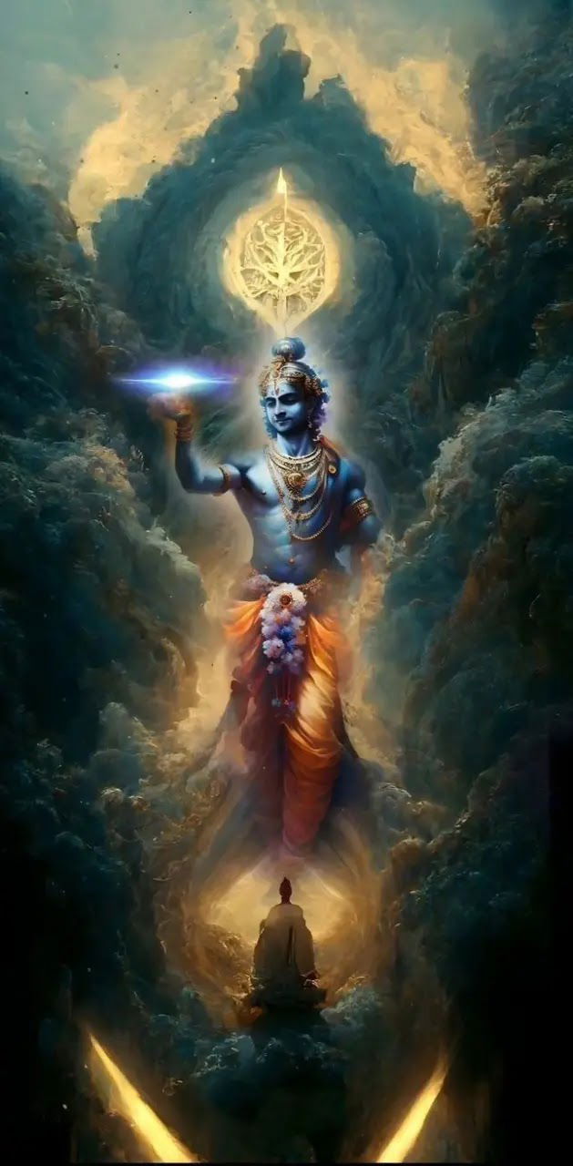 Krishna playing flute amidst cosmic energy
