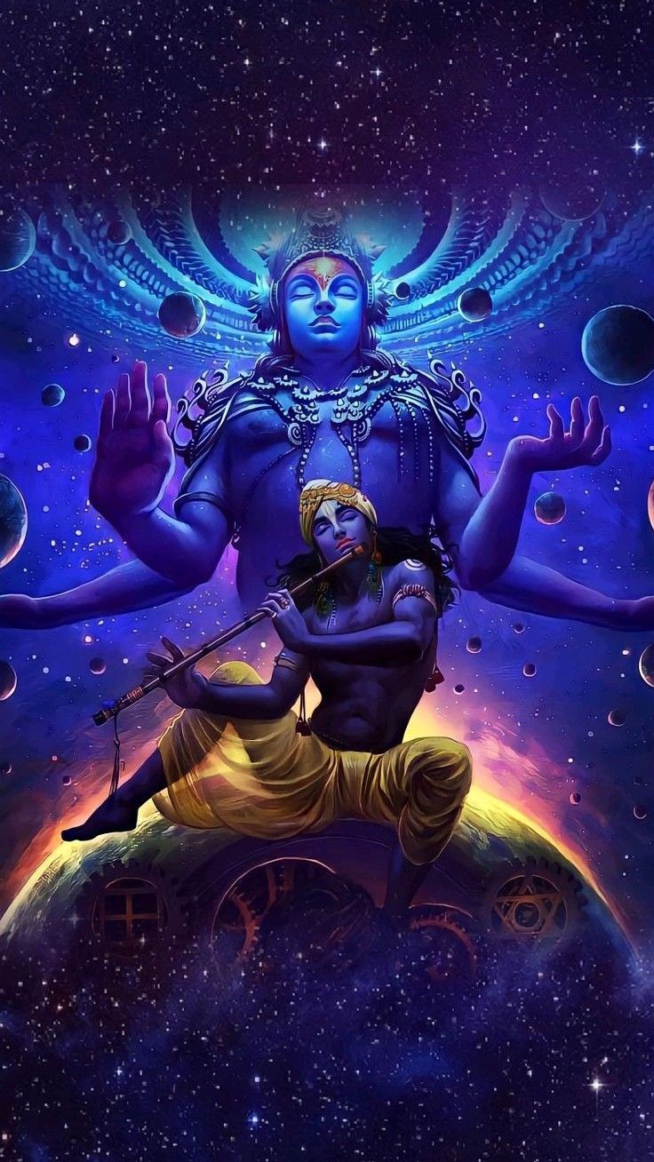 Krishna playing flute in cosmic space