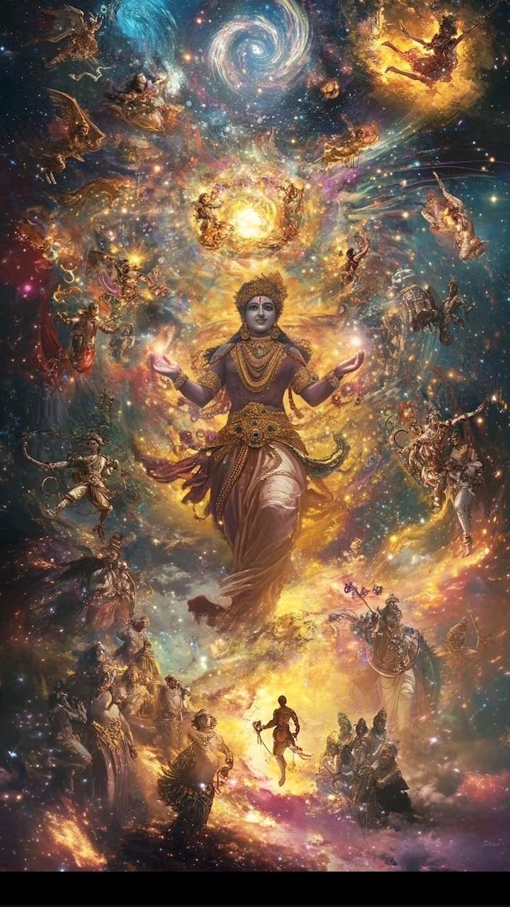 Cosmic Krishna surrounded by devas and light.
