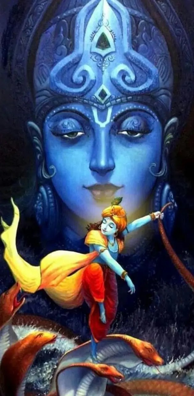 Krishna playing flute on Sheshnag