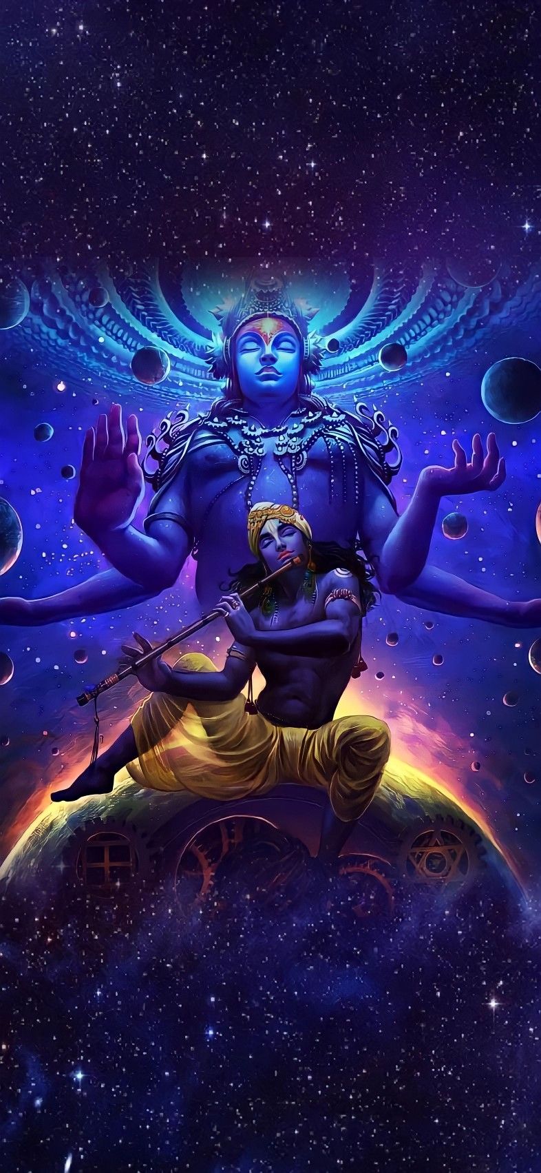 Krishna playing flute in cosmic universe