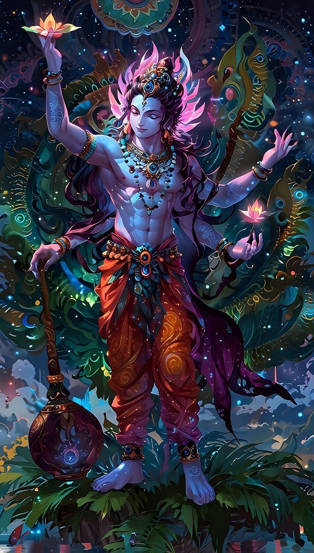 Krishna playing flute under starry sky