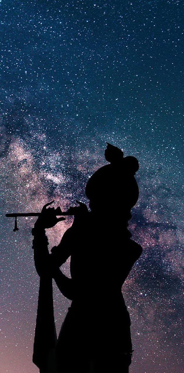 Krishna playing flute under starry sky