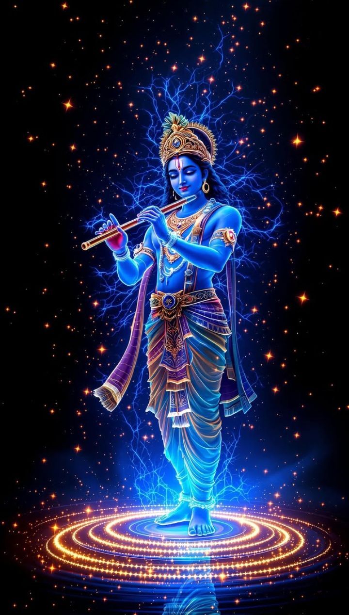 Krishna playing flute in cosmic setting