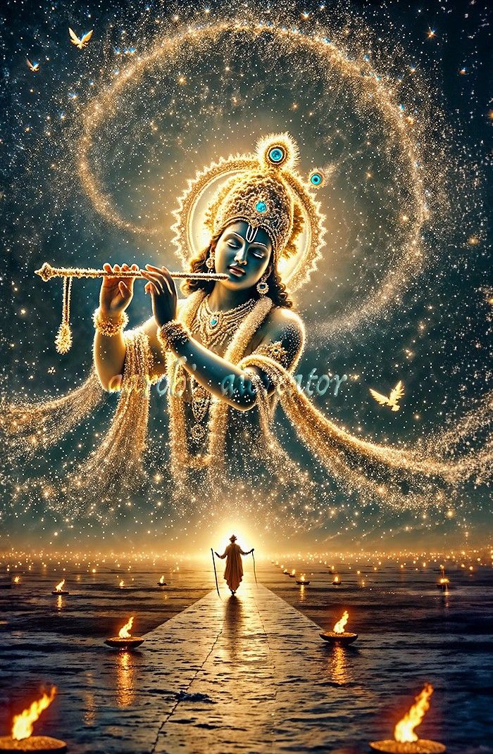 Krishna plays flute amidst cosmic ocean