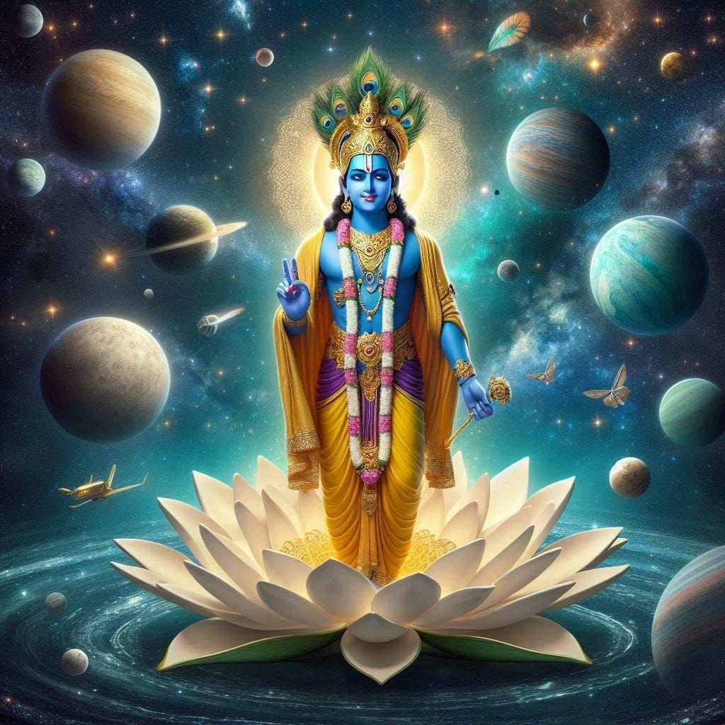 Krishna amidst a cosmic galaxy.