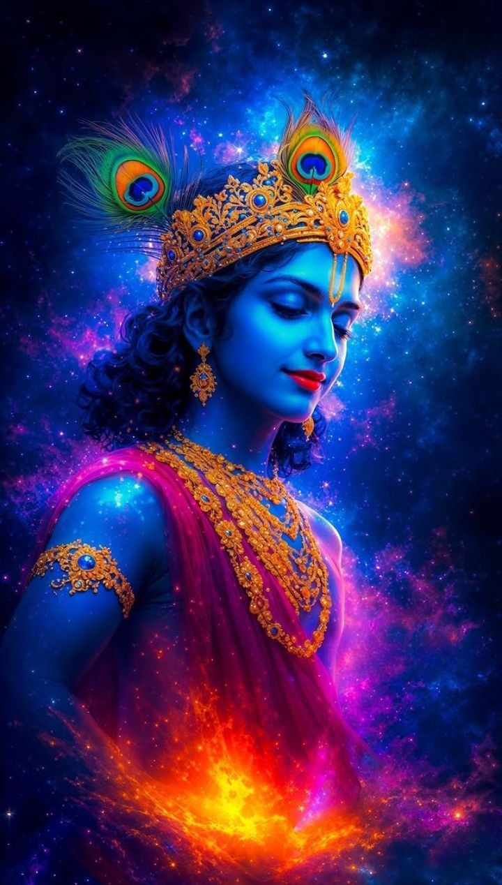 Blue-skinned Krishna in a cosmic setting