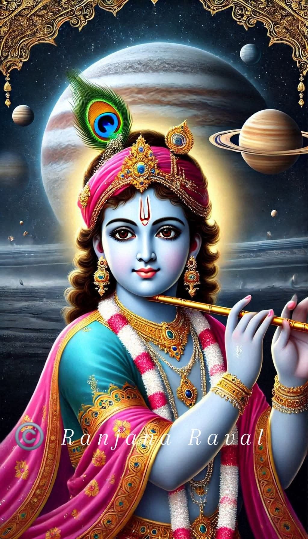 Krishna playing flute in cosmic setting