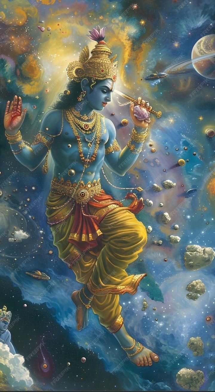 Krishna plays flute in cosmic universe