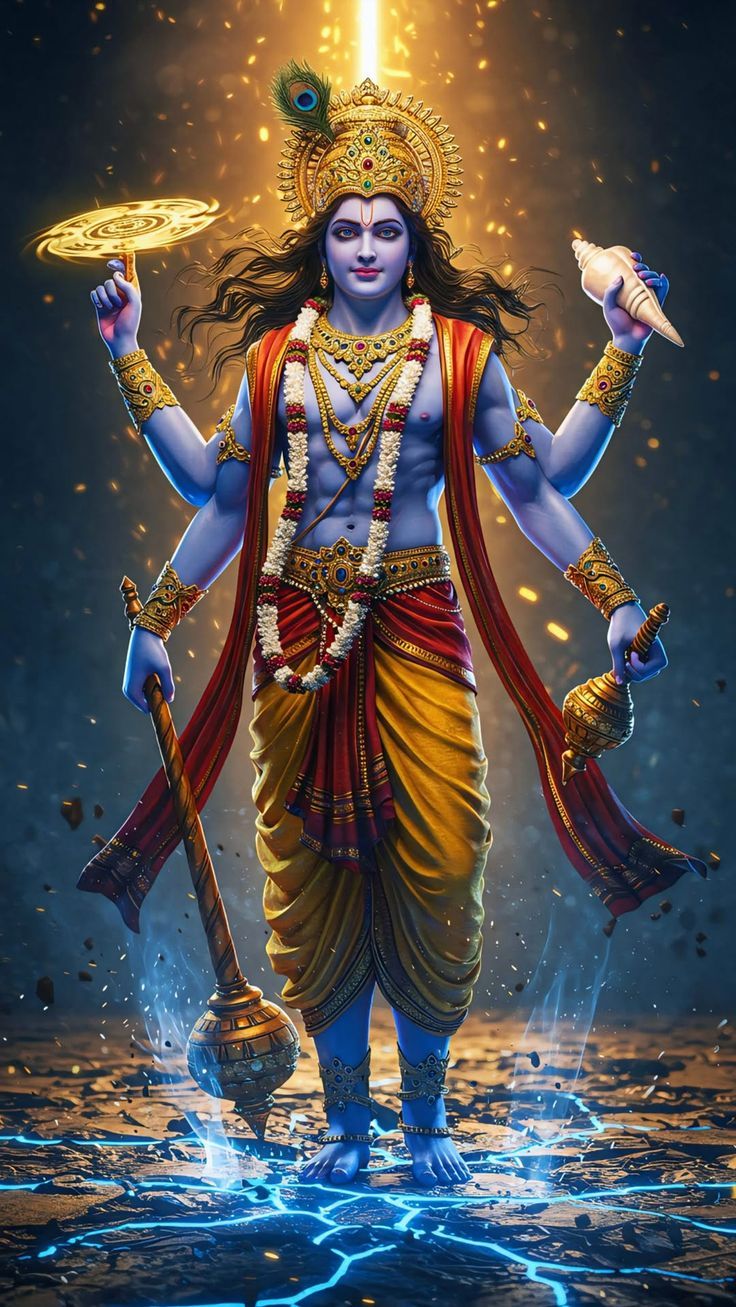 Lord Krishna displaying divine weapons